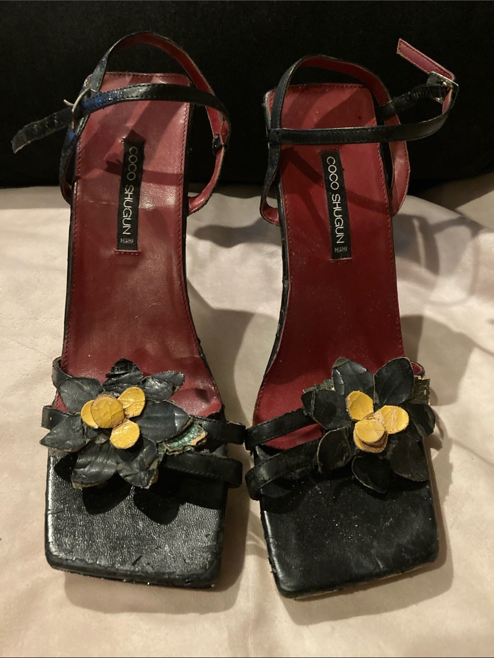 Black Vintage Floral Ankle-Strap Heels